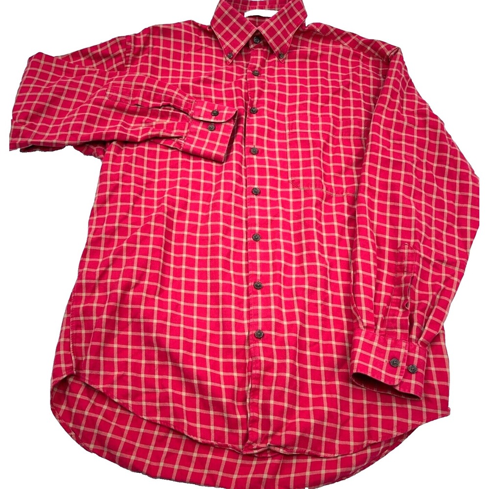 Orvis Flannel Shirt Men Medium Red Button Up Check Plaid Flat Pocket Dress Camp